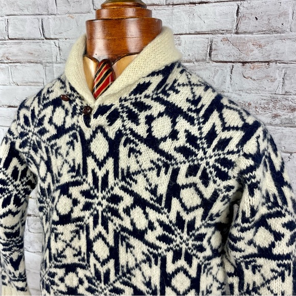 Vtg 90 Polo Country Snowflake Shawl Collar Hand Knit Wool Sweater M - Picture 1 of 10